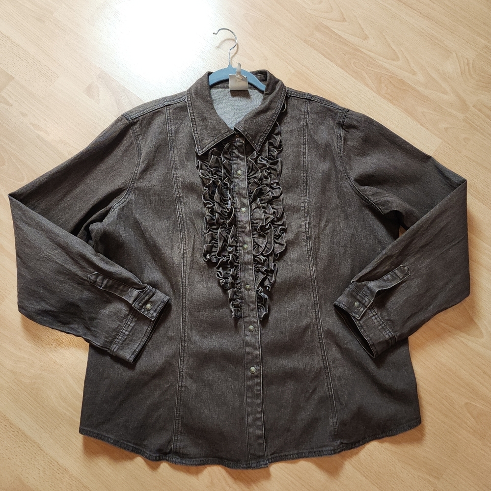 Diane Gilman Brown Stretch Denim Snap Button Ruffle Shirt 2X